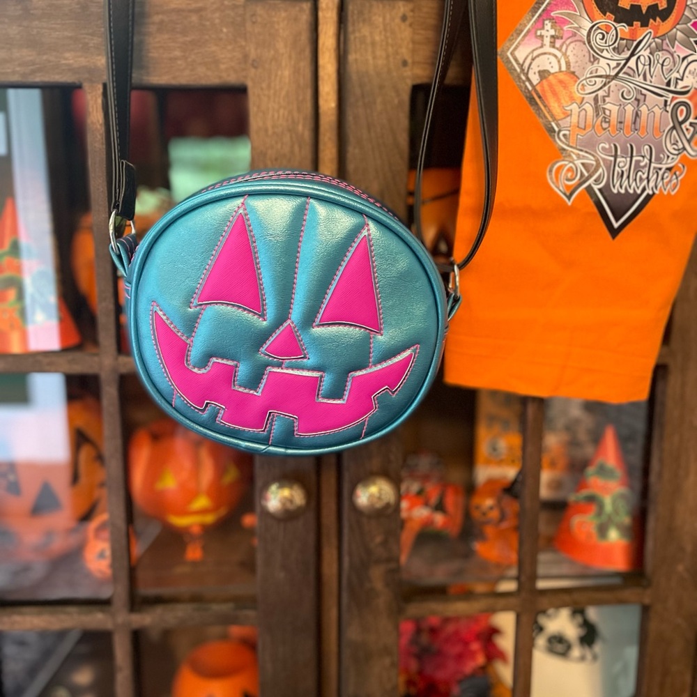 Love pain and stitches mini neon pink metallic blue pumpkin purse with dust bag